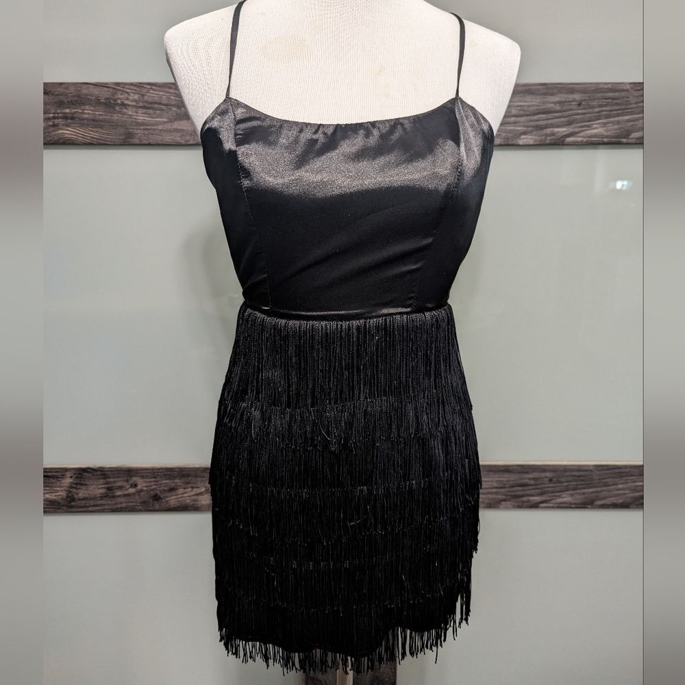 White Fox black fringe open back dress
